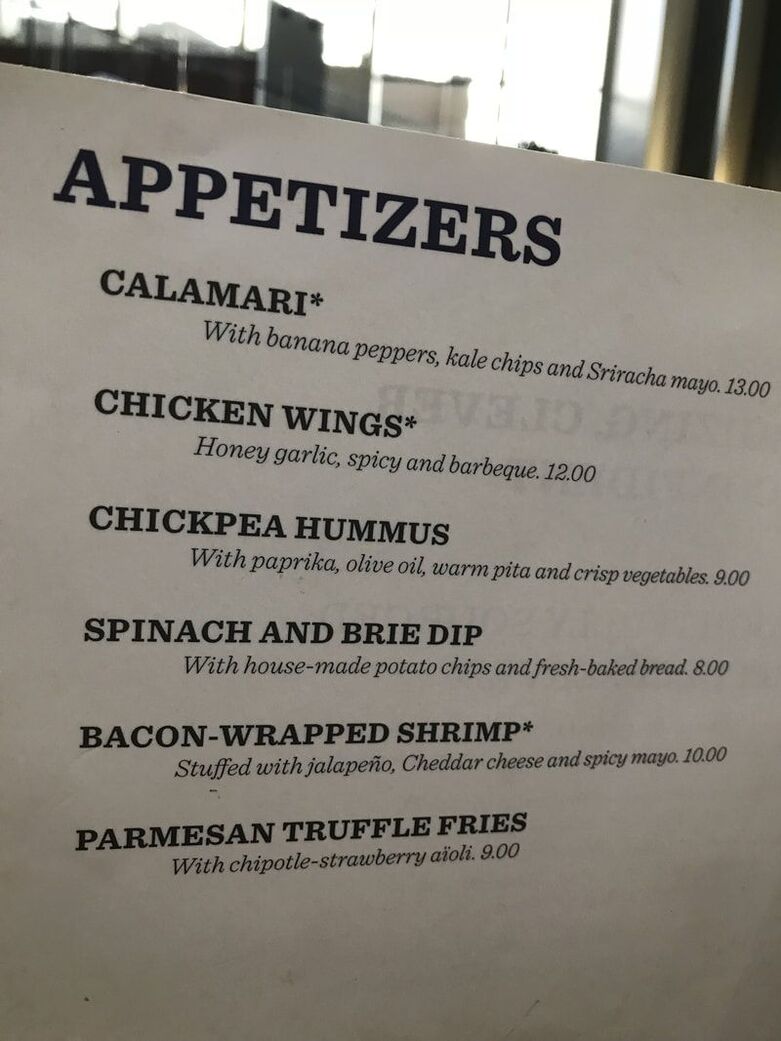 Appetizer menu from Article One at Hyatt Regency Washington DC