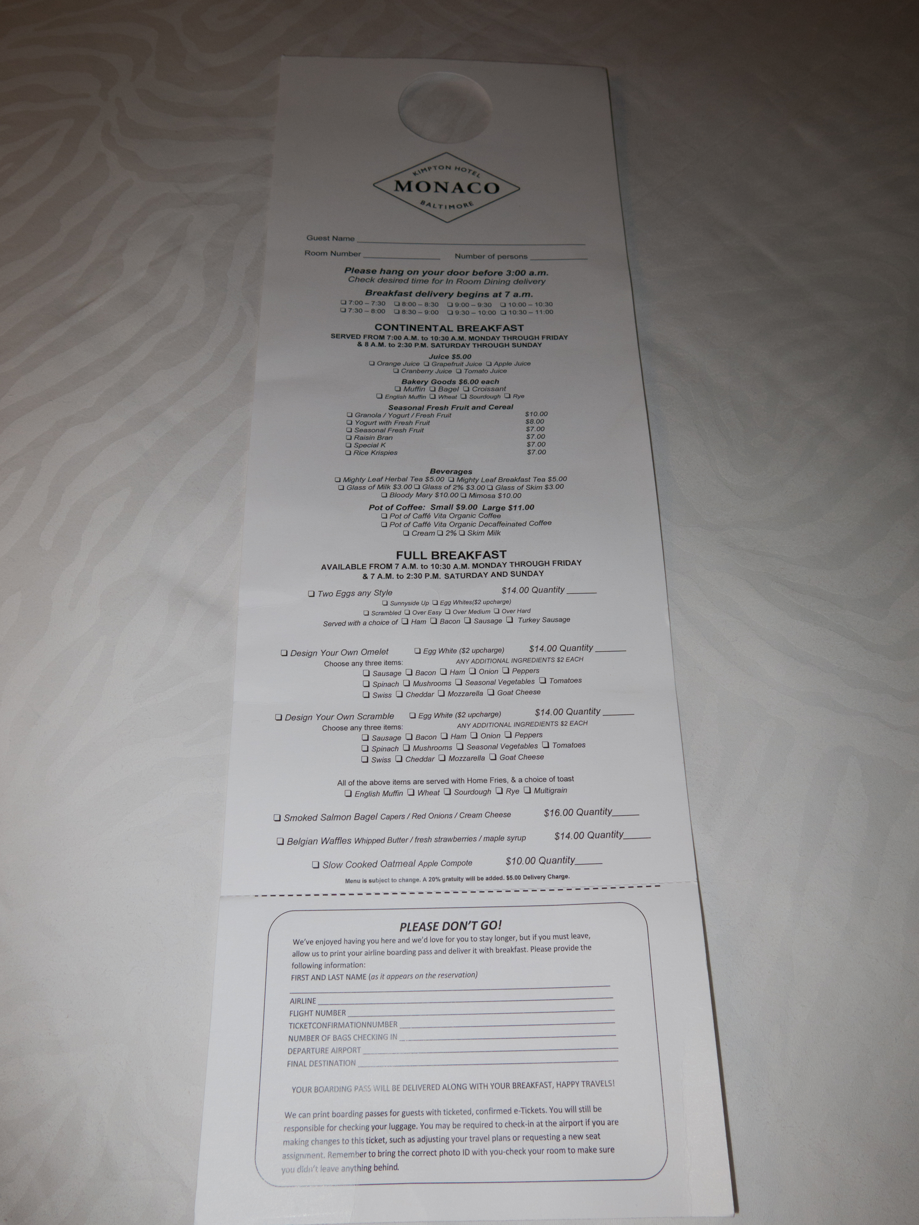 Breakfast room service menu at Hotel Monaco in Baltimore