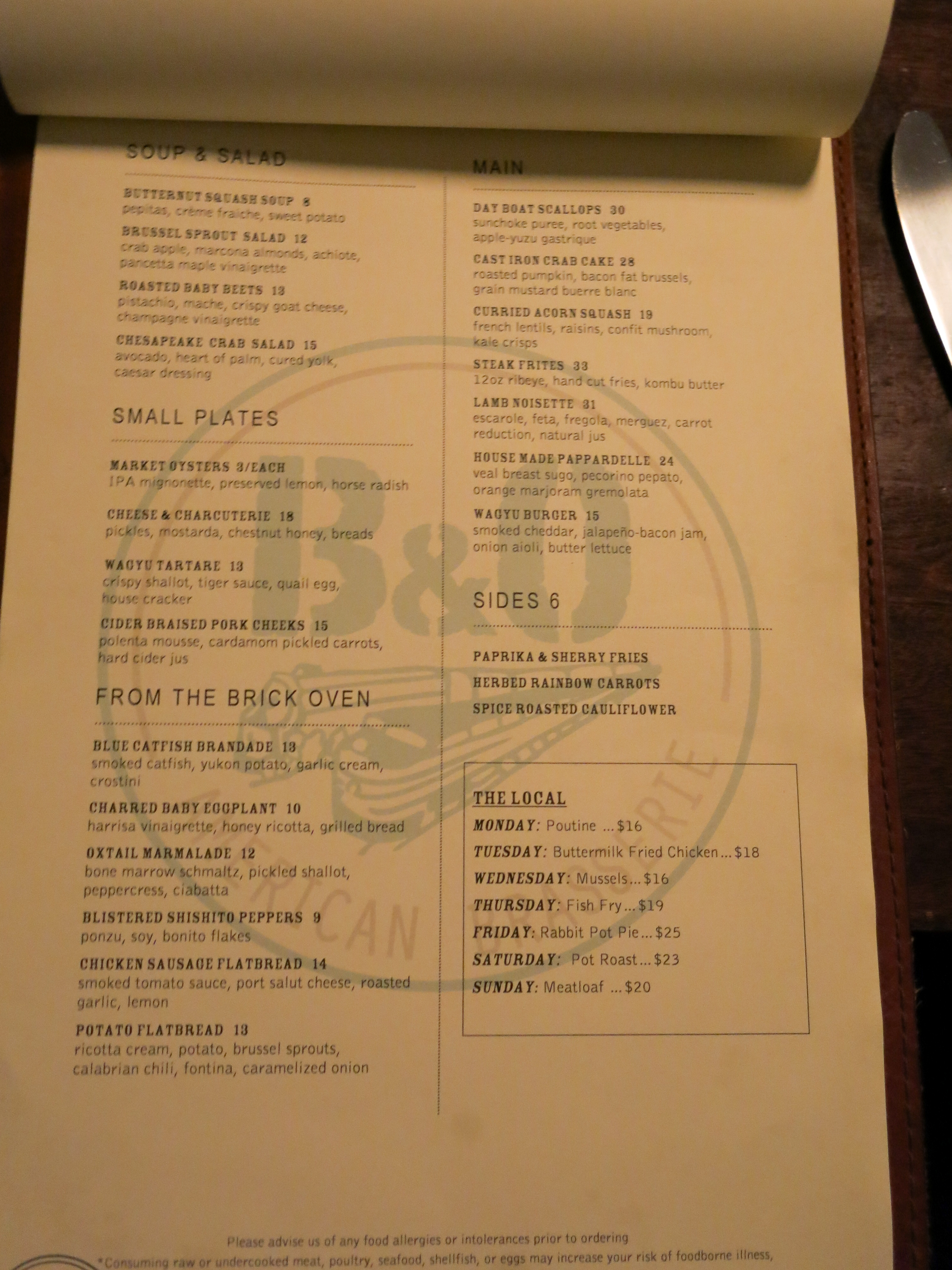 Dinner Menu at B&O Brasserie