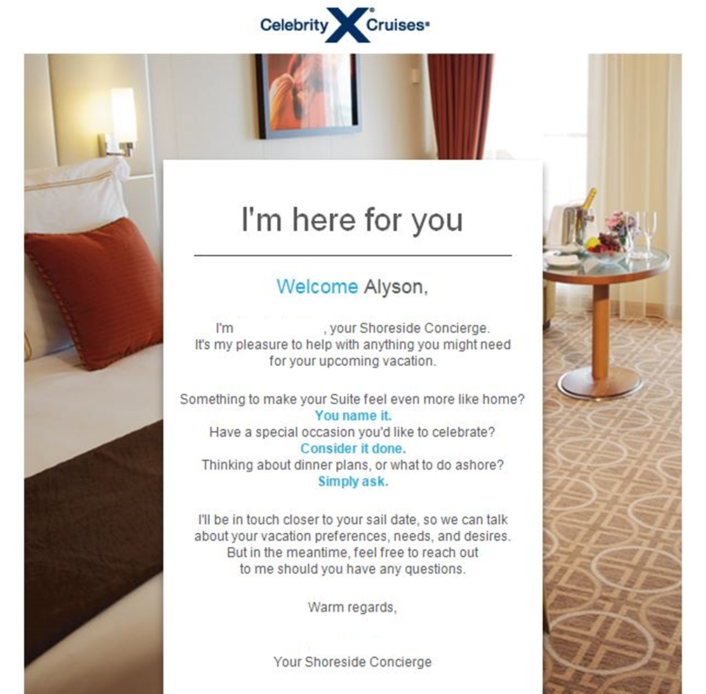 Shoreside Concierge Email from Celebrity Cruises